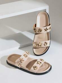 SHUZIA 女士复刻版高级舒适金属装饰双带平底凉鞋 - 米色 - 查看 1