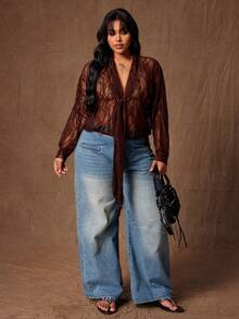 Rustia 大码女式迷人透视复古缎带蕾丝深V领宽松长袖衬衫，系带领设计，棕色法式时尚蕾丝系带领镂空性感翻领长袖女式衬衫蕾丝上衣常规上衣常规衬衫复古度假风时尚基础款街头风性感复古独特简约少女优雅适合春季、夏季、海滩、度假村 - 棕色 - 查看 5