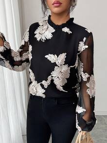 SHEIN Raffinéa Elegant Commuter Floral Embroidery Mesh Patchwork Blouse - Black - View 5