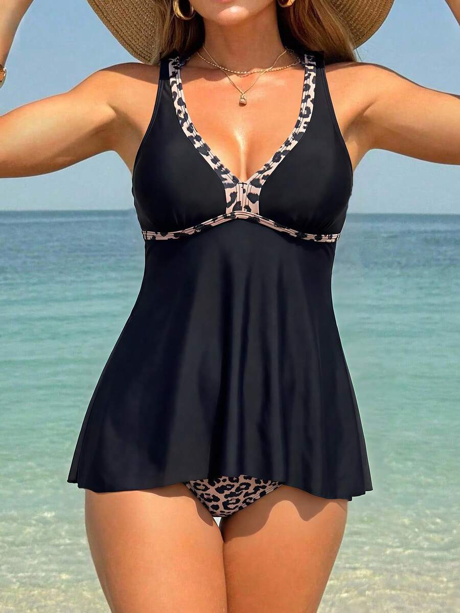 Swim Lushoire Women's Beach Music Festival Leopard Print Patchwork V-Neck Wide Strap Flowy High Waist Swimsuit Two Pieces Set, Spring/Summer - Multicolor - View 1