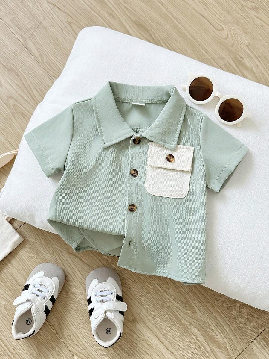 SHEIN Playful Pals Kemeja Lengan Pendek Musim Panas untuk Bayi Laki-laki - Hijau - View 1