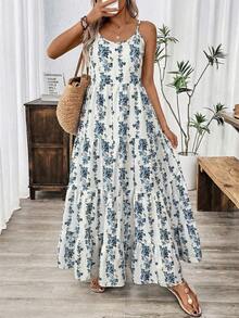 Balvessa Women's Floral Print Ruffle Hem Spaghetti Strap A-Line Dress, Vacation - Blue and White - View 5