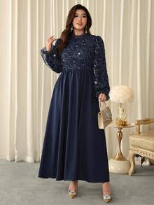 Firerie 大码立领插肩袖优雅连衣裙 - 藏蓝色 - 查看 5