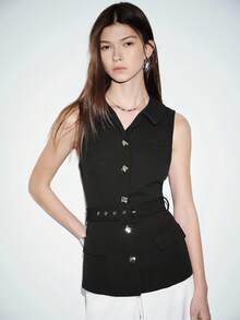 Lumivelle Chaleco sin mangas con cuello negro, con botones decorativos cuadrados, elegante y de moda a la francesa para el trabajo y uso casual, primavera/verano - Negro - Ver 6