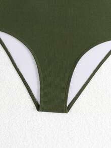 SHEIN 少女纯色纹理面料性感时尚连体泳衣 - 軍綠色 - 查看 6