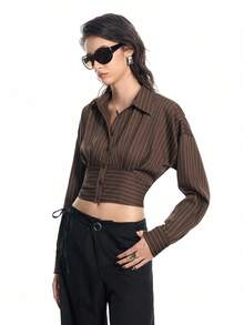 Airlisse Women's Spring/Summer New Ruched Pleated Brown Striped Elegant Fashionable Urban Chic Long Sleeve Blouse - Brown - View 4