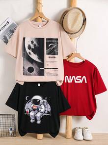 SHEIN 3件套休闲简约卡通宇航员印花宽松短袖圆领T恤，卡其色、黑色、红色，适合夏季穿着 - 青少年男童 - 彩色 - 查看 2