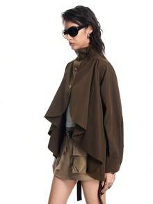 Airlisse Women's Fashion Asymmetric Utility Trench Coat With Wavy Hem Design And Lapel Collar - Brown - View 6