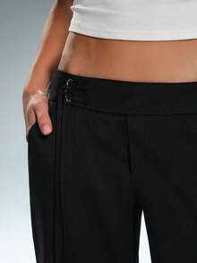 SHEIN Unity 女士纯色低腰喇叭裤修身休闲裤，秋冬款 - 黑色 - 查看 5