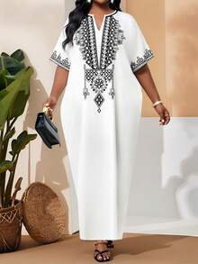 SHEIN Lady 大码女式几何印花V领蝙蝠袖宽松休闲连衣裙 - 彩色 - 查看 4