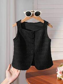 Young Girl Woven Solid Color Casual Vacation Sleeveless Textured Shirt, Summer - Black - View 7