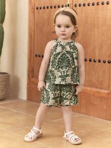 SHEIN 女宝宝可爱碎花度假套装：背心和裤子套装，两件套夏季服装 - 彩色 - 查看 4