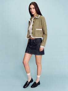 lacRébo Khaki Suede Effect Jacket With Contrast White Lace Trim Button Front And Patch Pockets Cute Vintage Romantic Outerwear French Style Parisian Style - Army Green - View 6