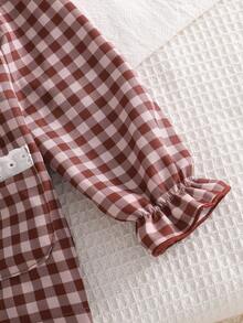 女婴睡衣 - 两件套睡衣，棕色格子蕾丝彼得潘领圆领长袖纽扣上衣，松紧腰荷叶边长裤，四季皆宜，2026年假日必备复古舒适经典可爱款 - 酒紅色 - 查看 6