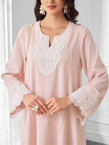 Al Najma 女士优雅日常蕾丝刺绣领宽松长袖阿巴雅连衣裙 - 粉色 - 查看 7