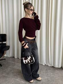 SHEIN BAE Atasan Crop Top Wanita Kasual dengan Hem Asimetris, Warna Polos, Musim Semi/Gugur - Merah tua - View 3