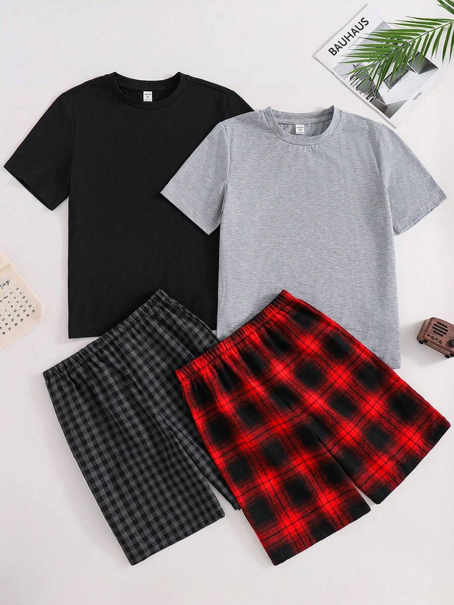 SHEIN 4pcs Teen Boy Simple Solid Color Round Neck Short Sleeve T-Shirt + Plaid Pattern Woven Loose Shorts Casual Pajama Set,Kids - Red - View 1
