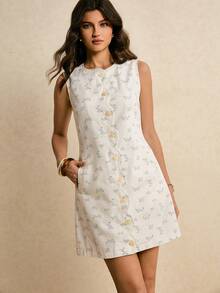 Poéselle Women's Ditsy Floral Single-Breasted Round Neck Sleeveless Fashionable Denim Dress - White - View 3