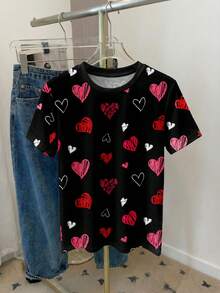 SHEIN LUNE Casual Minimalist Valentine's Day Heart Graphic Round Neck Loose Fit Women T-Shirt,Valentine's Day , Valentine Outfits For Women ,Valentines Day , Valentine Clothes ,Valentine's Day Outfit Carnival Heart Shirt Cute Casual Tops - Multicolor - View 4