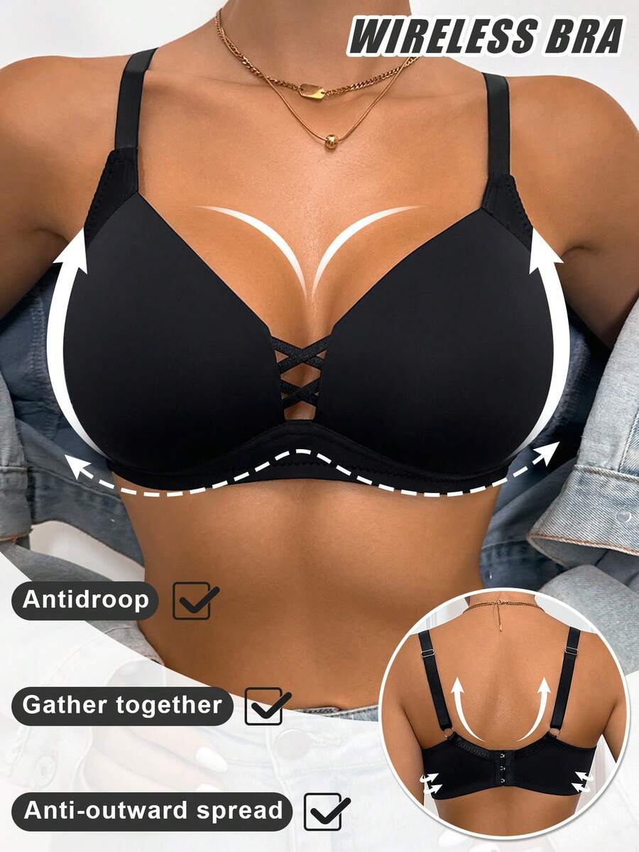 DesireSculpt Women's Comfortable Solid Sexy Romantic & Simple Cross Strap Wire-Free Soft Cup Anti-Sagging Bra - Black - View 1
