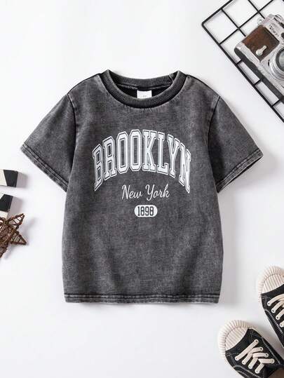 SHEIN Young Boy Casual Washed Letter Print T-Shirt, Summer