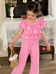 LMoss Kids Young Girl Elegant Ruffled Collar Cap Sleeve Top And Straight Leg Pants Set, Pink, Spring/Summer - Pink - View 4