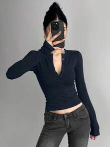 DAZY Áo thun dài tay ôm sát người dành cho nữ, cổ kéo khóa nửa thân - Màu xanh hải quân - Xem 5