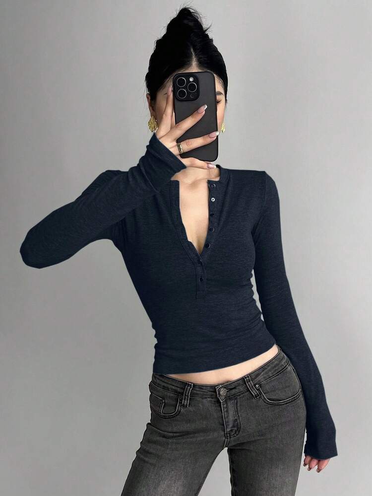 Women's Half-Zip Long Sleeve Bodycon T-Shirt