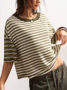 Bohemela 波西米亚风夏季度假情人节嘉年华休闲条纹圆领宽松女式T恤 - 綠色 - 查看 2