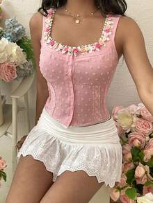 Franclia 女士蕾丝边吊带背心，Y2K蕾丝花卉领带上衣，短袖吊带背心。女士花卉吊带背心，粉色上衣，休闲装。玫瑰上衣，少女风上衣，可爱女式上衣，连衣裙上衣 - 粉色 - 查看 6