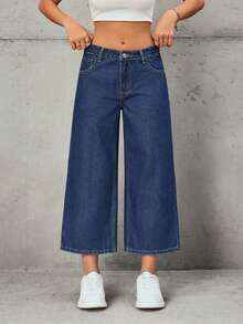 SHEIN Tall Women's Fashion Casual Wide Leg Mid-Rise Jeans - Dark Wash - View 1