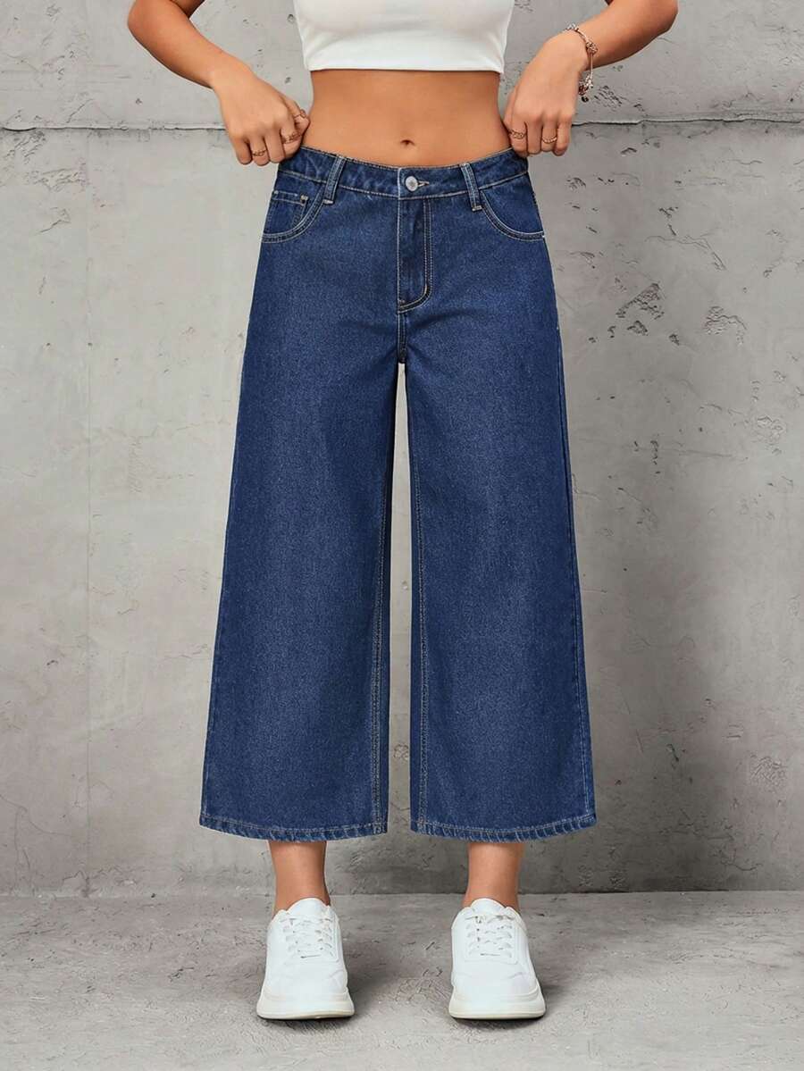 SHEIN Tall Women's Fashion Casual Wide Leg Mid-Rise Jeans - Dark Wash - View 1