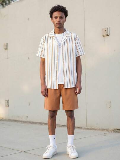 Vacaura 2pcs/Set Teenage Boys' Casual Striped Short Sleeve Shirt Set, Fashion & Comfortable For Daily, Commute, Vacation & Leisure Wear