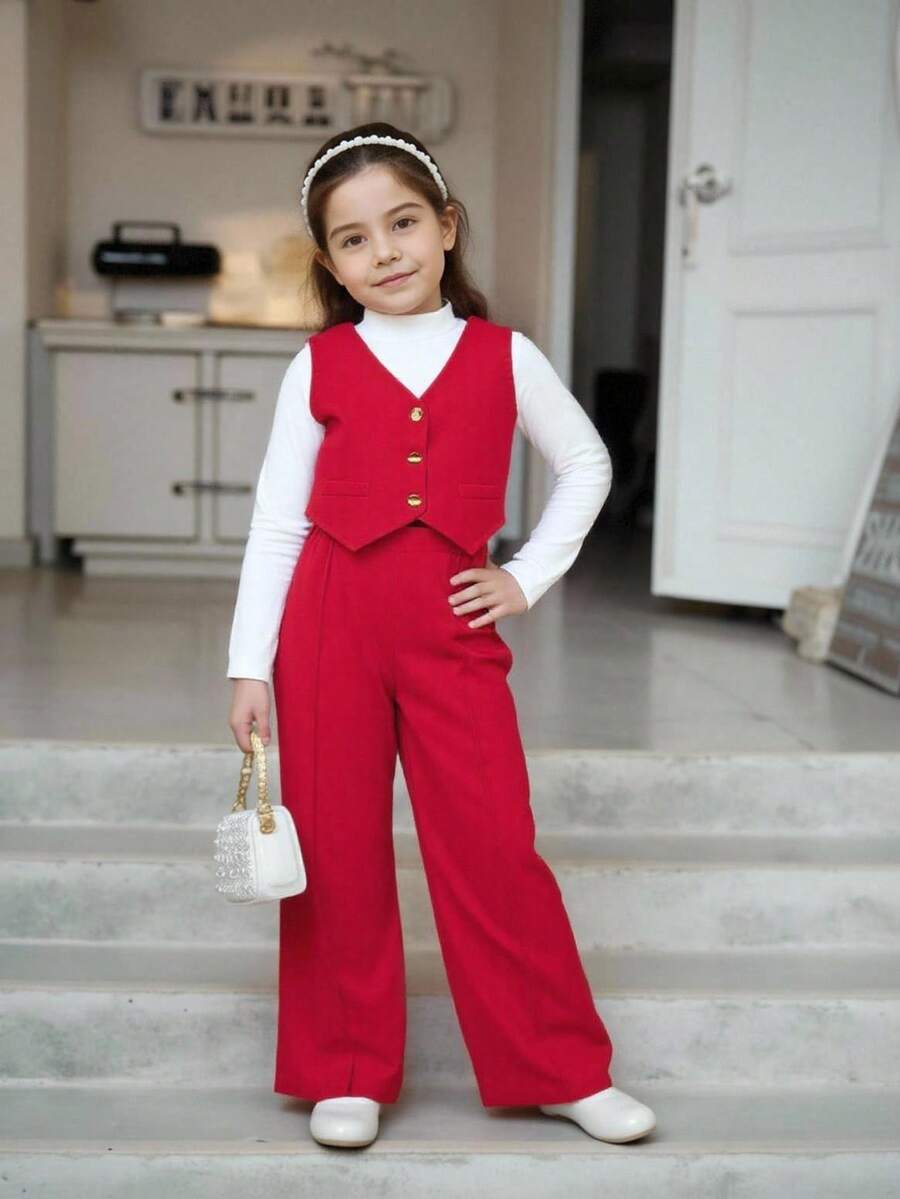 SHEIN Elladie kids 三件套少女春秋季派对套装,包含无袖背心、阔腿裤和长袖高领上衣,时尚休闲装,粉色无袖纽扣背心+舒适针织高领上衣+阔腿裤,欧美风少女服装套装 - 紅色 - 查看 1