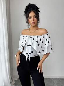 Selianne Elegant Off-Shoulder Ruffle Polka Dot Women T-Shirt, Suitable For Vacation - White - View 3