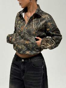 INAWLY Plus Size Casual Camouflage Print Front Zip Sweatshirt, Spring/Autumn - Multicolor - View 5