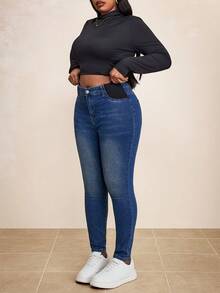 Truni Jeans skinny pour femmes grande taille, jeans bleu foncé stretch, bas pour sortir, collants pour femmes, pantalons en jean pour femmes, pantalons d'automne, pantalons en denim, tenue de retour au foyer d'automne - Jean brut - Voir 5