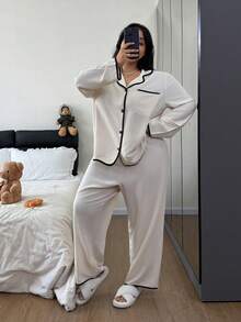 Dream Adore 大码女式泡泡纹理撞色翻领宽松长袖睡衣套装 - 杏色 - 查看 6