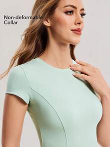 OutZeal 女士运动T恤 健身房锻炼上衣 收腹吸汗圆领紧身T恤 运动上衣 - 0.霧綠 - 查看 2
