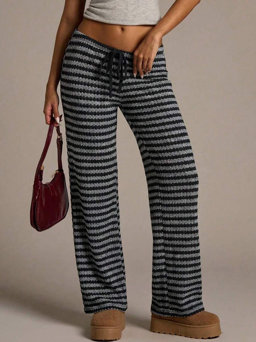 Aloruh Women's New Ultra Low Waist Black And Gray Striped Pants, Autumn/Winter - Black - View 1