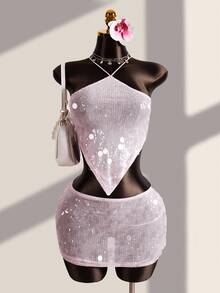 Bonvoyette Women's Pink Beaded Halter Backless 2 Pieces Set,Summer 70s Retro Beach Vacation Holiday Party,Elegant Sequin Rhinestone Crystal Diamond Dress - Pink - View 8