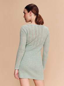 lacRébo Sage Green Crochet And Rib Knit Long Sleeve V Neck Mini Dress Spring Summer Spring Summer Valentines Day - Green - View 2