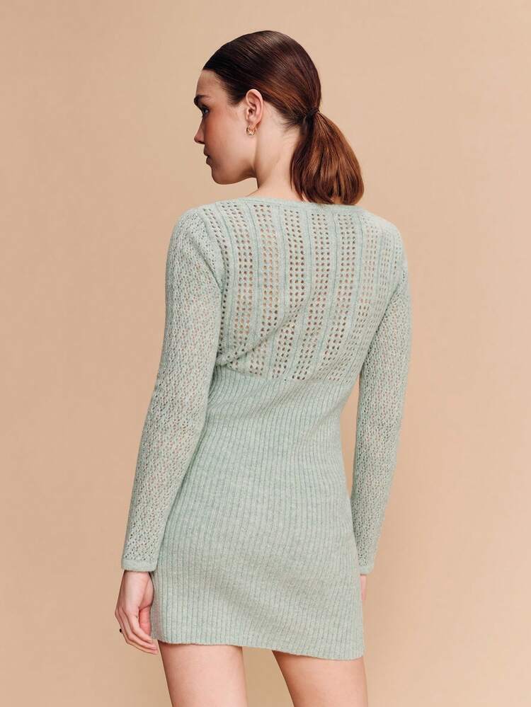 Sage Green Crochet And Rib Knit Long Sleeve V Neck Mini Dress Spring Summer French Style Parisian Style Knit Dress