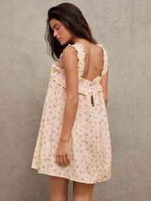 WESTFADE Beige Summer Fairycore Picnic Ruffle Square Neck Bow Front Floral Print Babydoll Mini Dress,Sleeveless Keyhole Back Cut Out Boho Casual Beach Vacation - Multicolor - View 2