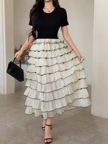 DAZY 女士优雅撞色荷叶边中长连衣裙，夏季婚礼宾客礼服 - 黑色 - 查看 1