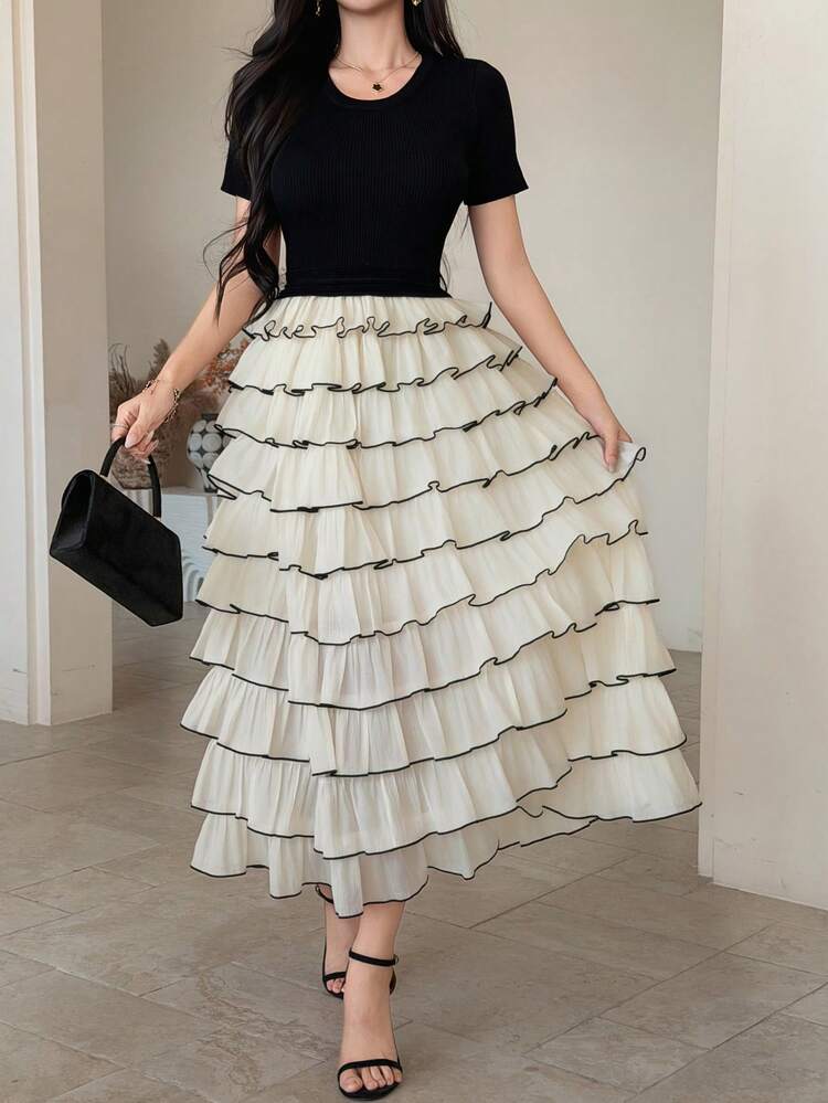 Women's Elegant Contrast Color Ruffle Hem Midi Dress, Summer Wedding Guest Dress Sundress