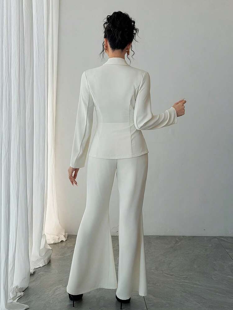 Women's Elegant Solid Color Pleated Blazer Jacket And Flared Pants Suit, Spring/Summer,Wedding Guest Dress Women