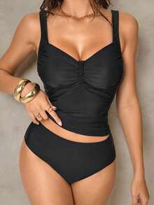 Shapewave 2pcs Women's Black Ruched Side Bikini Set, Fashionable Beach Vacation Swimwear - Black - View 6