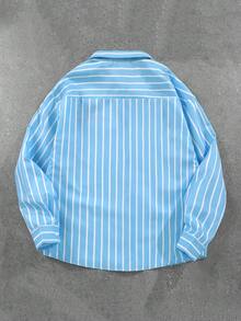 TOKVUE 男士长袖条纹衬衫，浅蓝色，红色刺绣标语，休闲日常穿着，通勤，度假，返校季，送给男友、老公的理想礼物，情侣装 - 藍色 - 查看 2