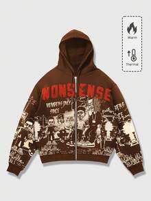 ROMWE MEN Street Life Áo hoodie nam in hình hoạt hình phong cách thường ngày - Cà phê nâu - Xem 4